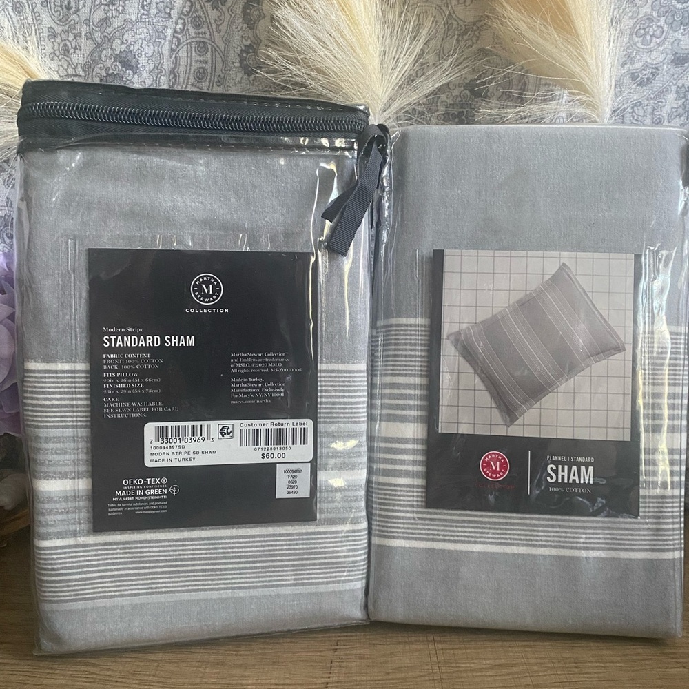 Set 2 Sham Martha Stewart Collection Stripe Flannel Standard Sham,Grey Standard